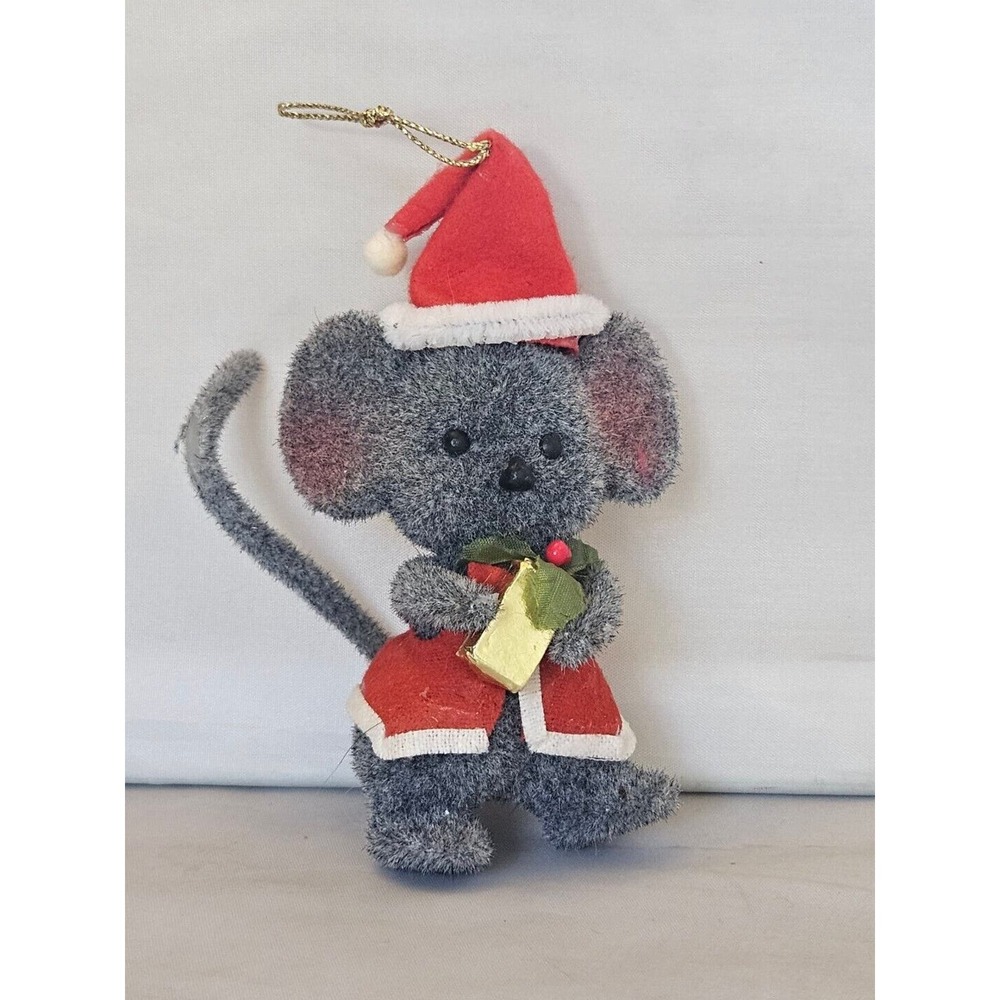 Vintage Sydney Morgan Flocked Ornament Mouse Santa Hat Present 4"